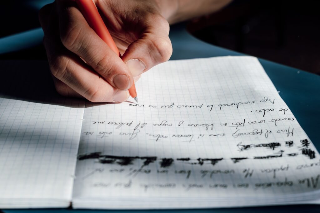 Close-up of a hand writing on a notepad, bathed in sunlight, indoors.